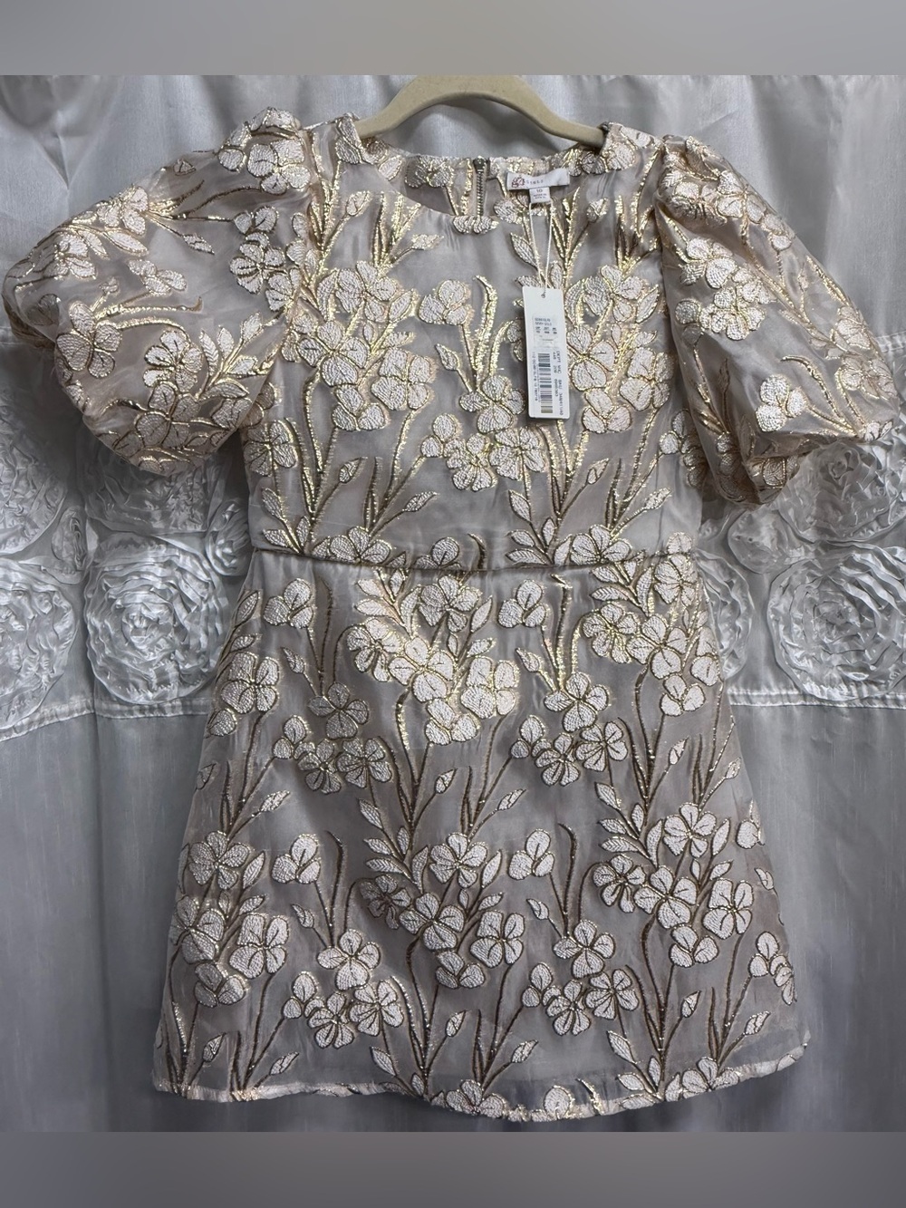 GB Girls Gold Floral Formal Dress, Puff Sleeves, Embellished Mesh, Size 10, NWT